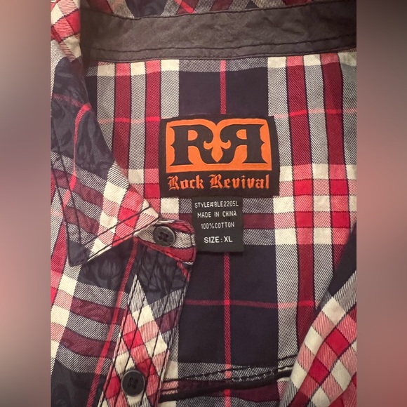 Rock Revival Men's Shirt Navy/Red Plaid Double Pockets Western Embroidered XL - Picture 3 of 6